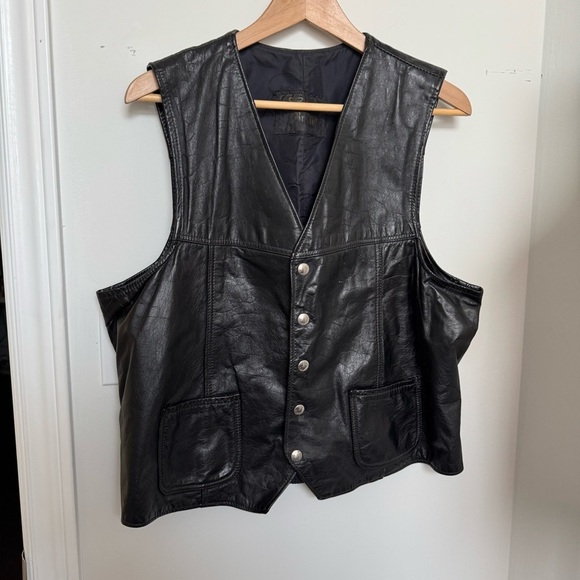 Vintage Black Leather Vest with Silver Buttons western goth grunge XL - Picture 3 of 6